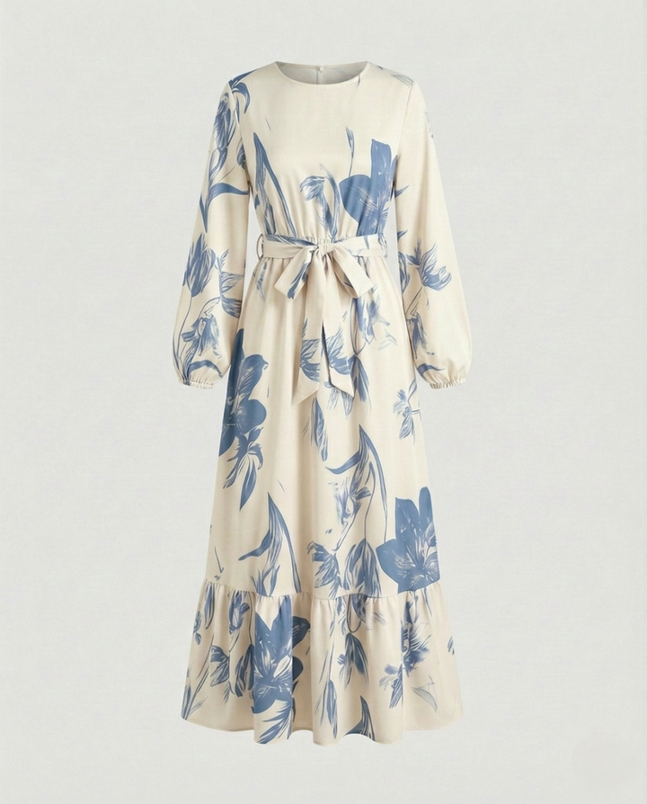 Damen Maxikleid mit Taillengürtel und Stufenrock