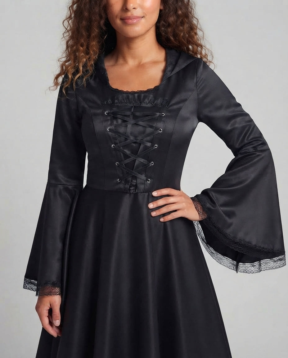 Damen Kapuzenkleid mit schwingendem Rock und Spitzenverzierungen Drune