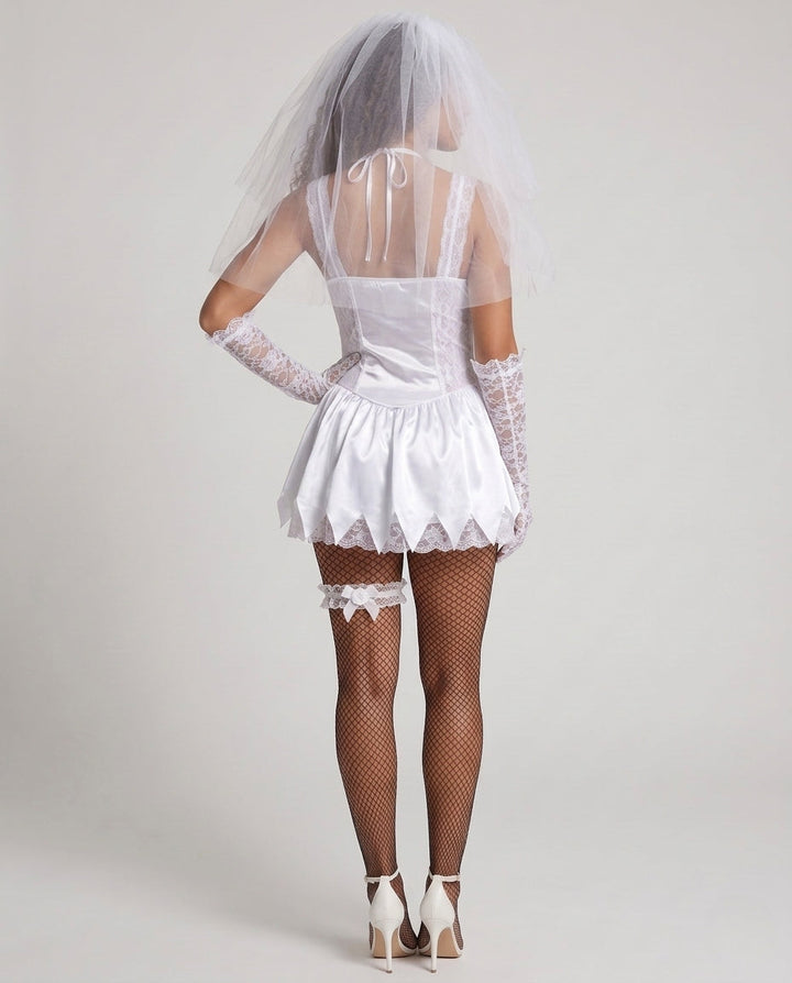 Damen Gruseliges Hochzeitskleid mit Spitzenakzenten und Schleier Drune