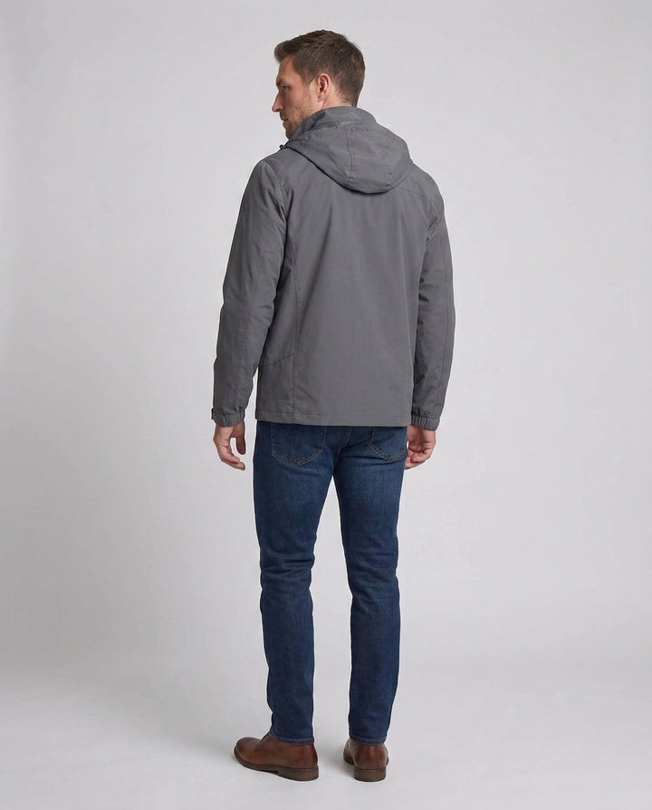 Herren Freizeit Softshell-Jacke mit einstellbarer Kapuze, Brustreißverschluss und Klettverschlüssen drune