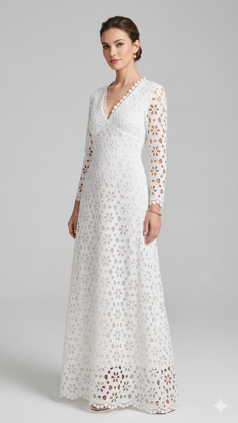 Damen Elegantes Maxikleid mit Blumenstickerei und V-Ausschnitt Drune