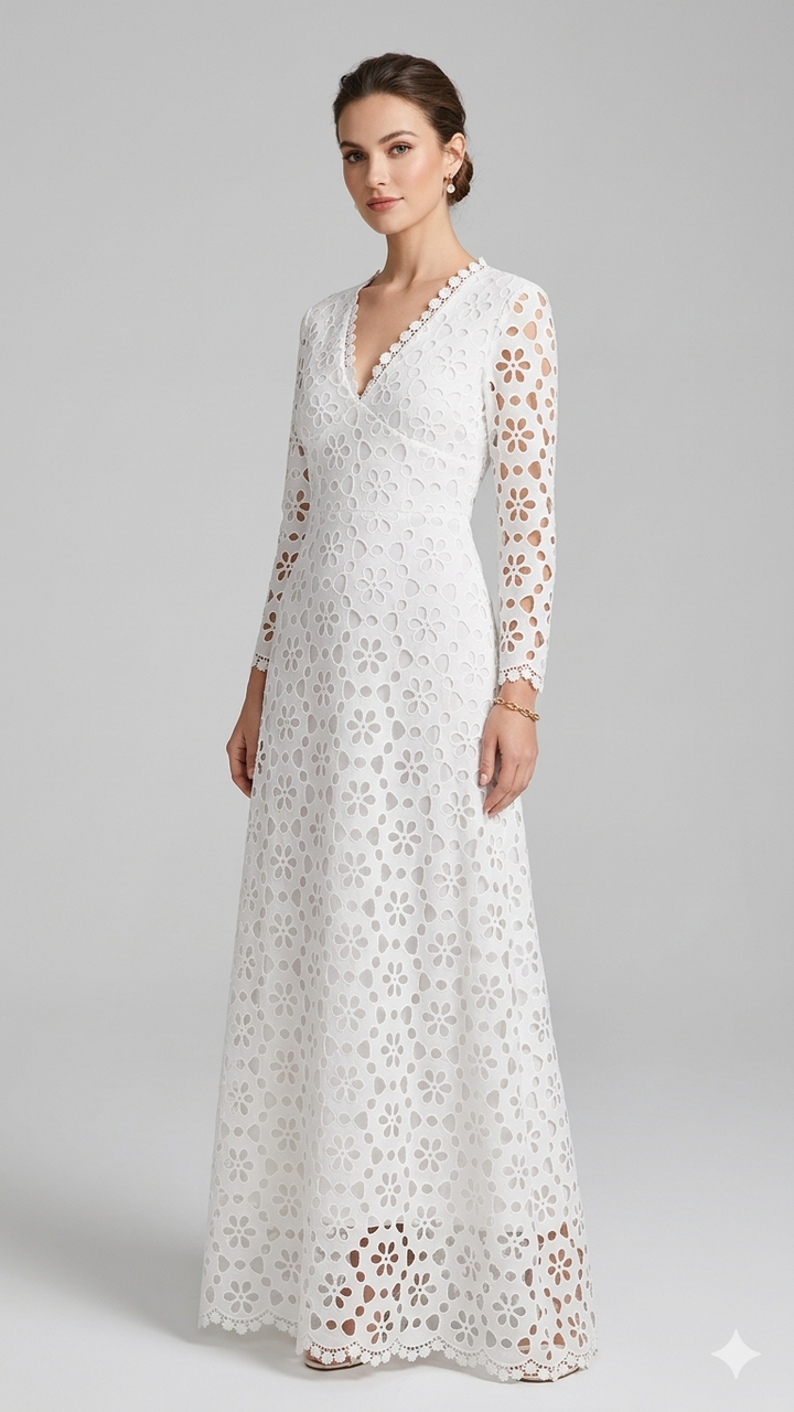 Damen Elegantes Maxikleid mit Blumenstickerei und V-Ausschnitt Drune