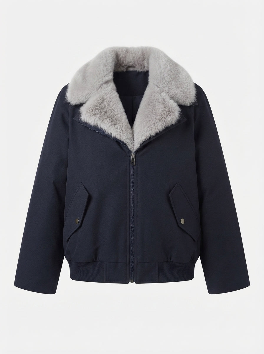 Damen kurze gepolsterte Winterjacke mit voluminösem Kunstfellkragen und winddichter Außenschale