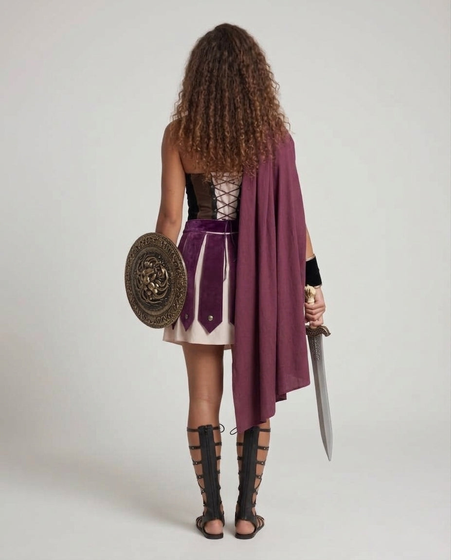 Damen Historisches Gladiatorenkostüm mit Umhang und Rüstungsdetails Drune