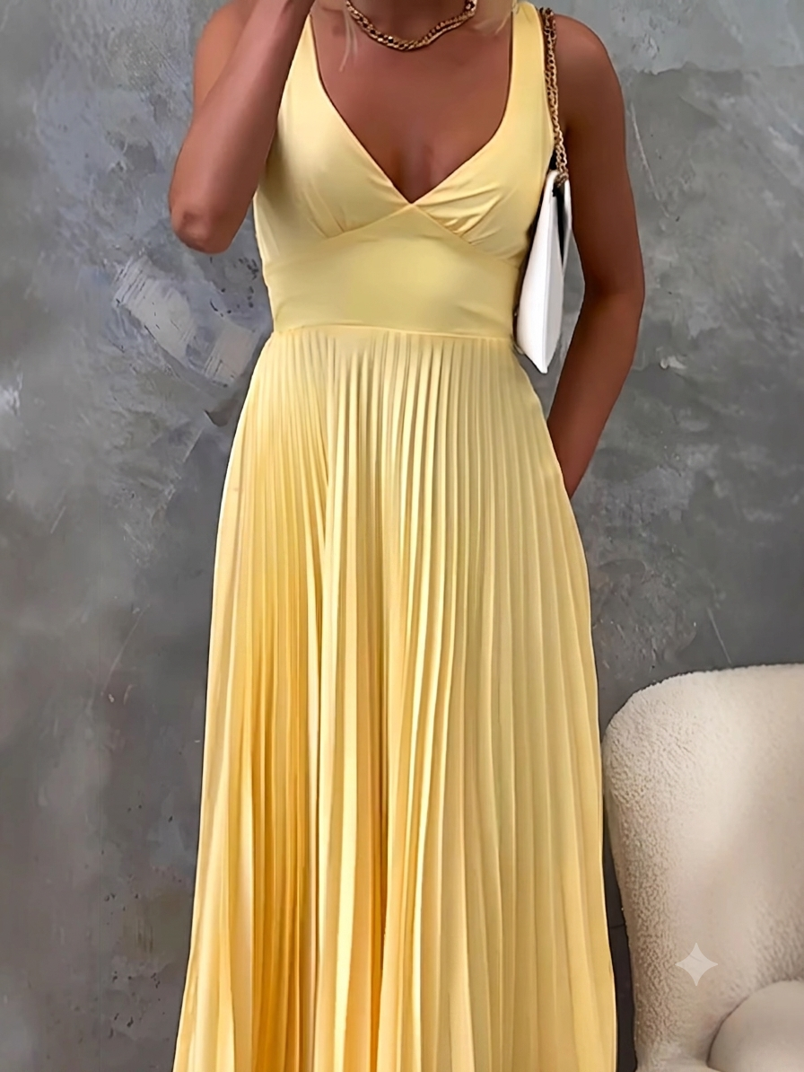 Damen Plissiertes Maxikleid mit V-Ausschnitt und schwingendem Rock Drune