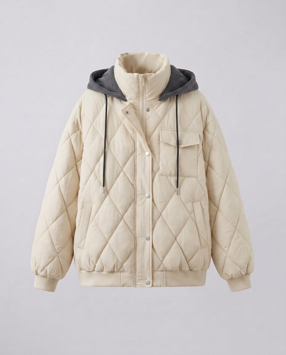 Damen oversized kurze Jacke mit Diamantsteppung, Stehkragen und Klappentaschen