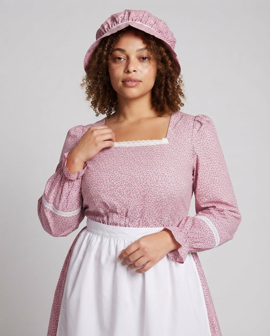 Damen Vintage Bauernkleid mit aufwendigen Rüschen und dazu passendem Kopftuch Drune