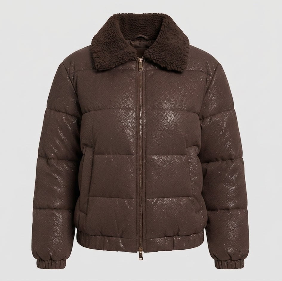 Damen nicht gepolsterte Pufferjacke mit Glitzereffekt und gemütlichem Kunstfellkragen