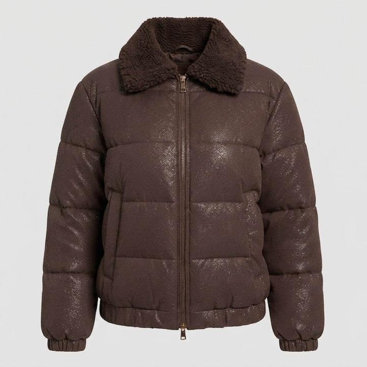 Damen nicht gepolsterte Pufferjacke mit Glitzereffekt und gemütlichem Kunstfellkragen