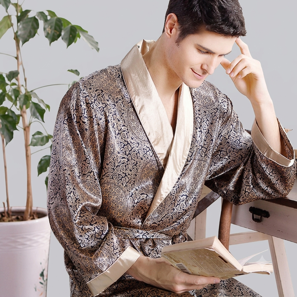 Herren Satin Morgenmantel mit auffälligem Muster und Taillengürtel Drune