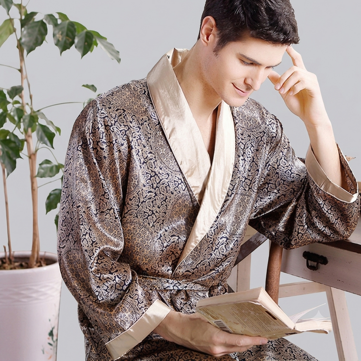Herren Satin Morgenmantel mit auffälligem Muster und Taillengürtel Drune