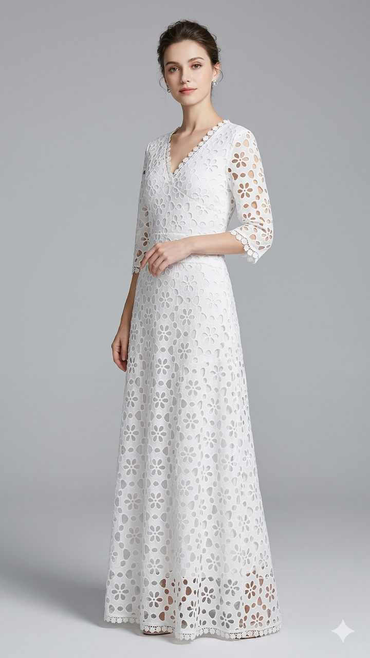 Damen Elegantes Maxikleid mit Blumenstickerei und V-Ausschnitt Drune
