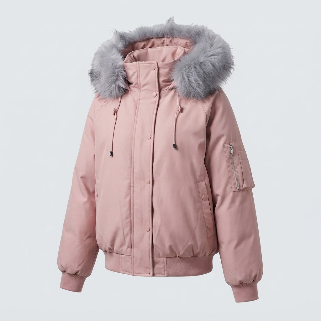 Damen kurze gesteppte Stadt-Bomberjacke mit voluminöser Kapuze, Kordelzug und winddichter thermischer Fütterung