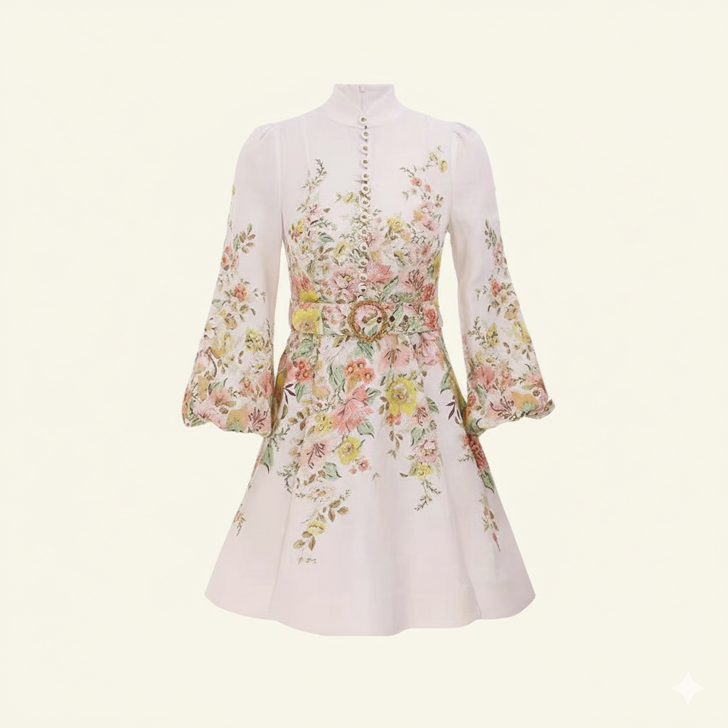 Drune | Baumwolle & Leinen Puffärmel Blumen Gürtel Kleid