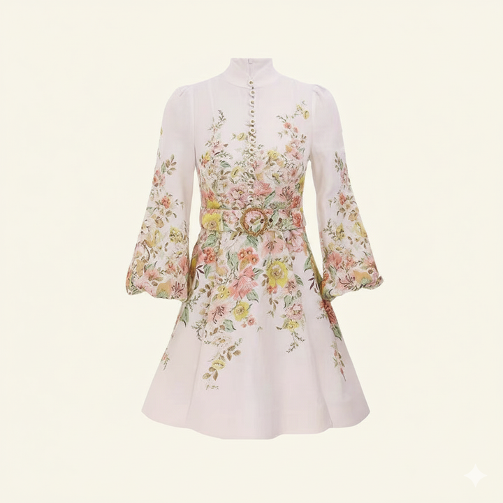 Drune | Baumwolle & Leinen Puffärmel Blumen Gürtel Kleid