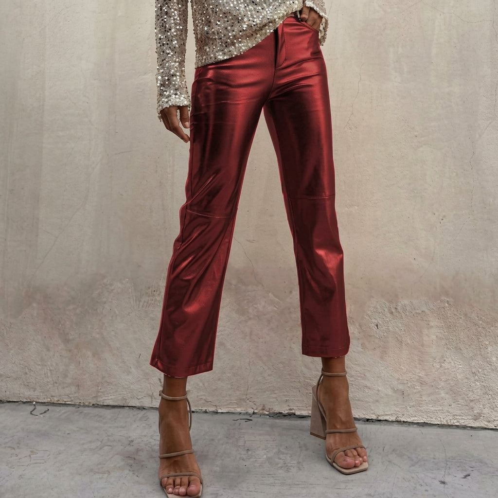 Drune | Metallic Kunstleder Geradeleg Cropped Hose