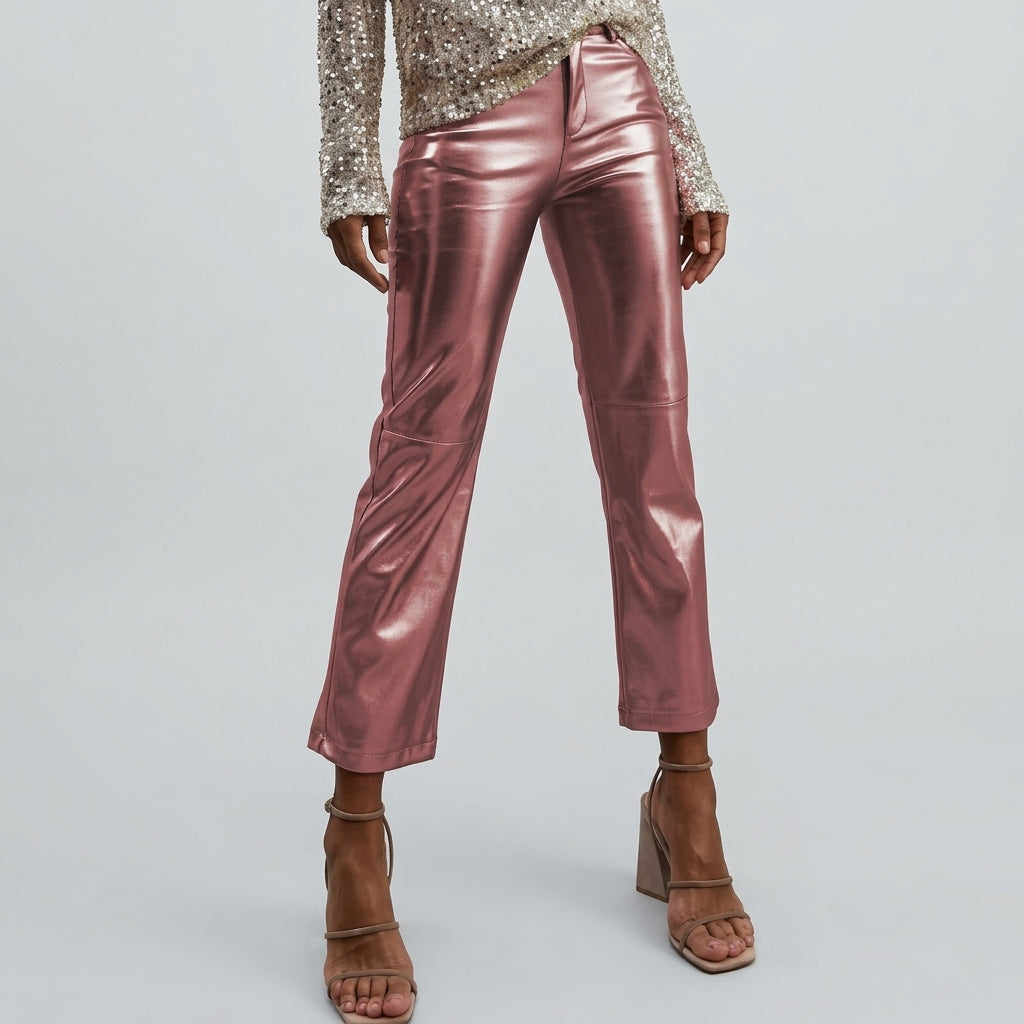 Drune | Metallic Kunstleder Geradeleg Cropped Hose