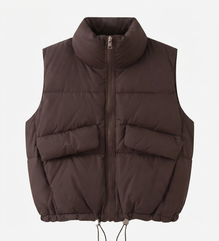 Damen kurze gep padded Steppweste mit hohem Stehkragen, zwei aufgesetzten Klappentaschen und verstellbarem Kordelzugsaum