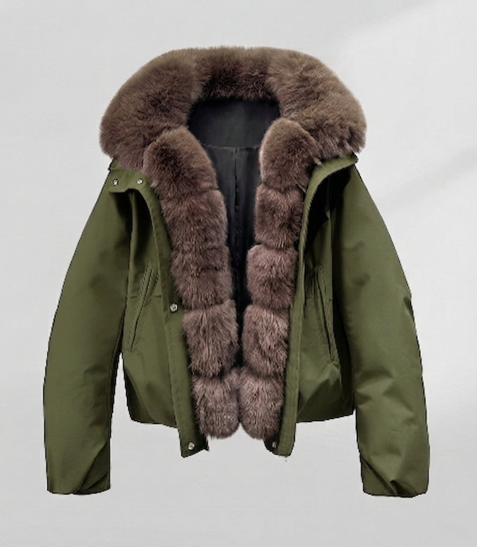 Damen kurzes Parka mit voluminösem Kunstfellkragen, gepolstertem thermischem Futter und verdeckter Druckknopfleiste