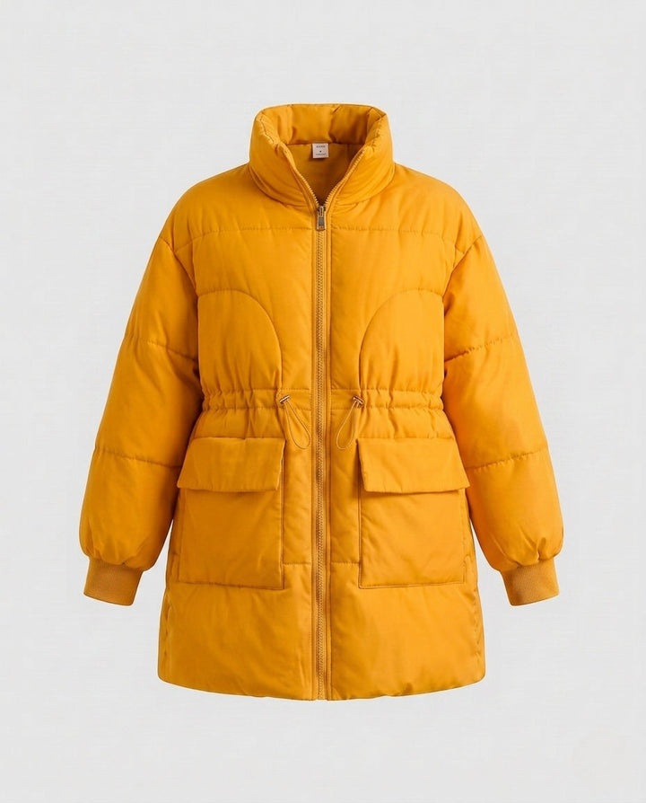 Damen feminine A-Linien gesteppter Parka mit verstellbarem Kordelzug, hohem Stehkragen und großen Klappentaschen