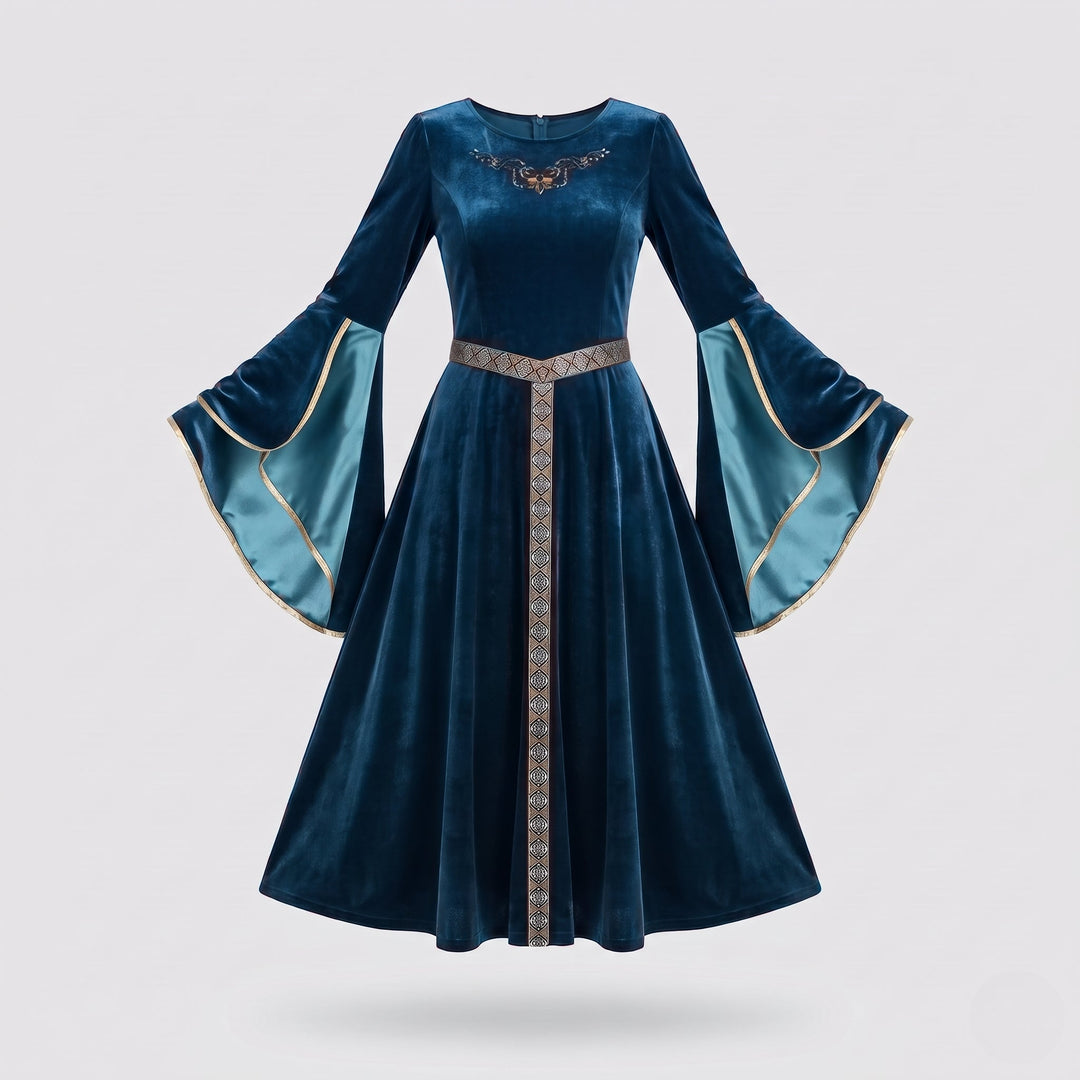 Elegantes Samtkleid für Frauen mit weitem Ärmel und dekorativem Gürtel Drune