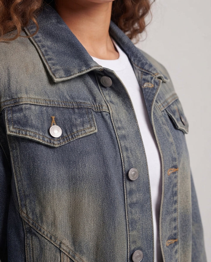 Damen Oversized Jeansjacke mit elastischem Saum, Ballonärmeln und geformten Drune-Nahtdetails drune