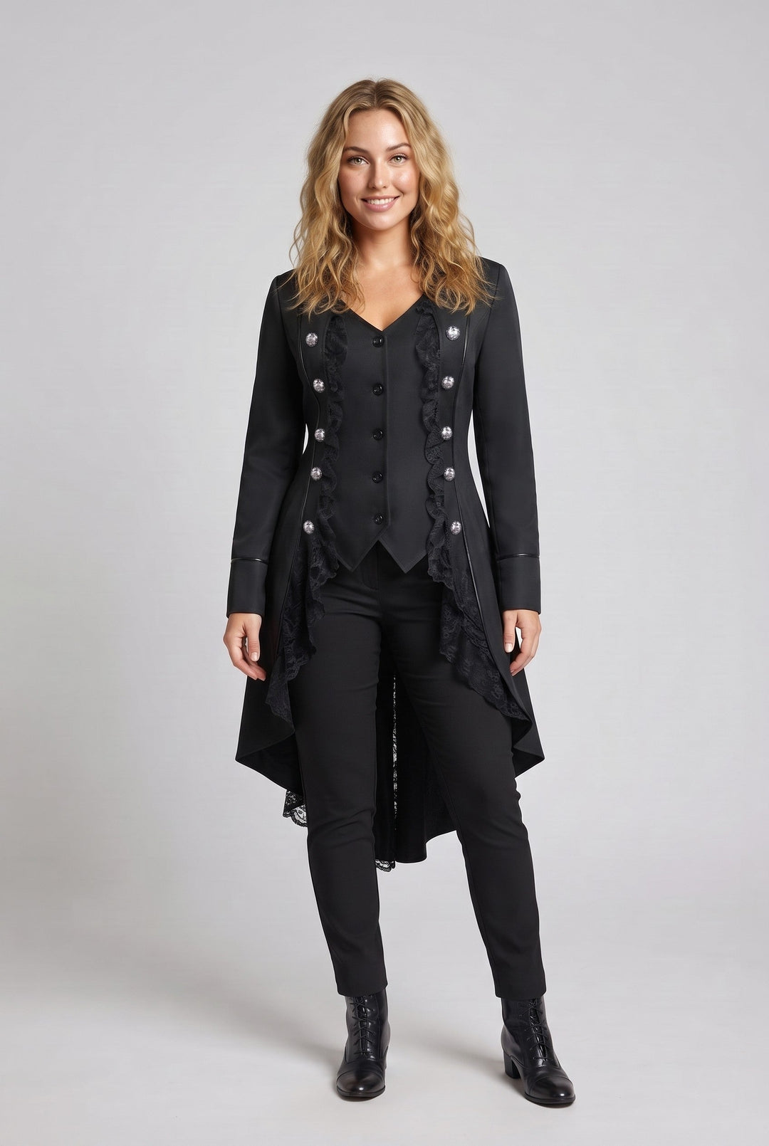 Damen elegante Frack mit Spitze Akzenten und dekorativem Knopfverschluss Drune