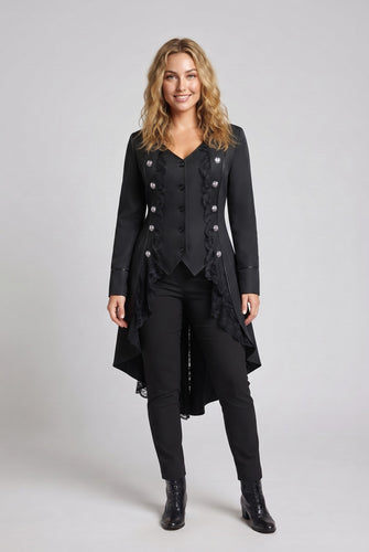 Damen elegante Frack mit Spitze Akzenten und dekorativem Knopfverschluss Drune