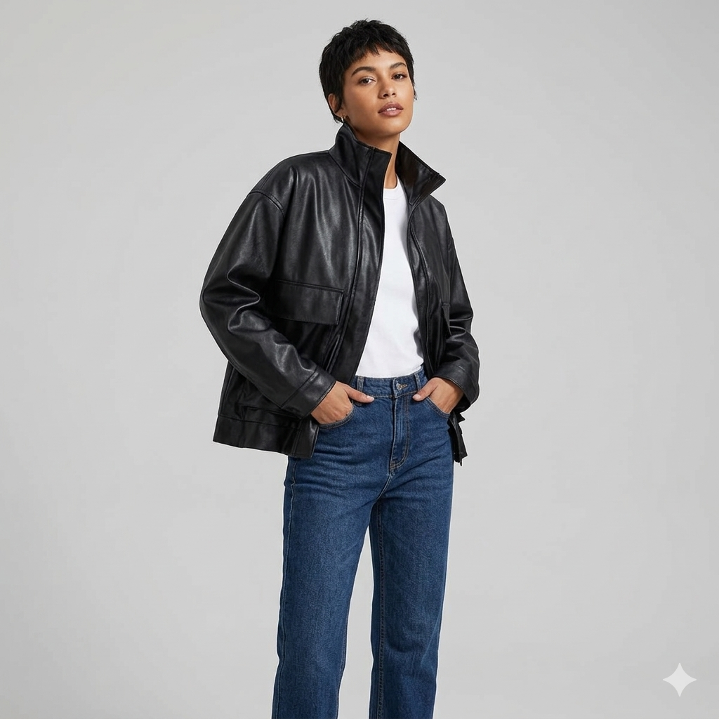 Damen modische lässige Lederjacke mit charakteristischen Taschen Drune