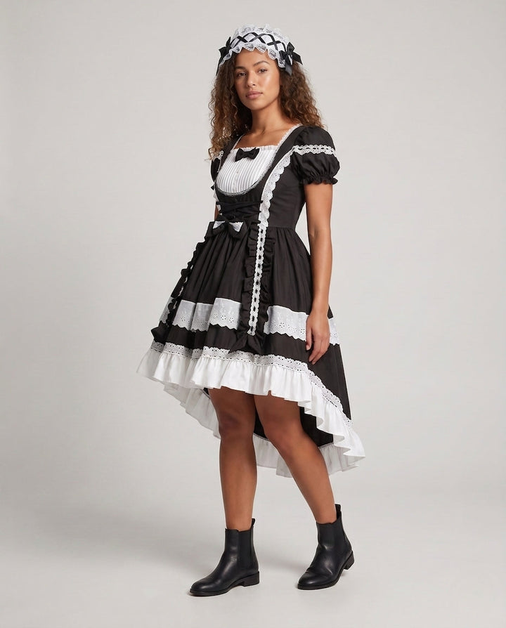 Damen Zeitloses Lolita-Kleid mit Rüschendetails und Puffärmeln Drune