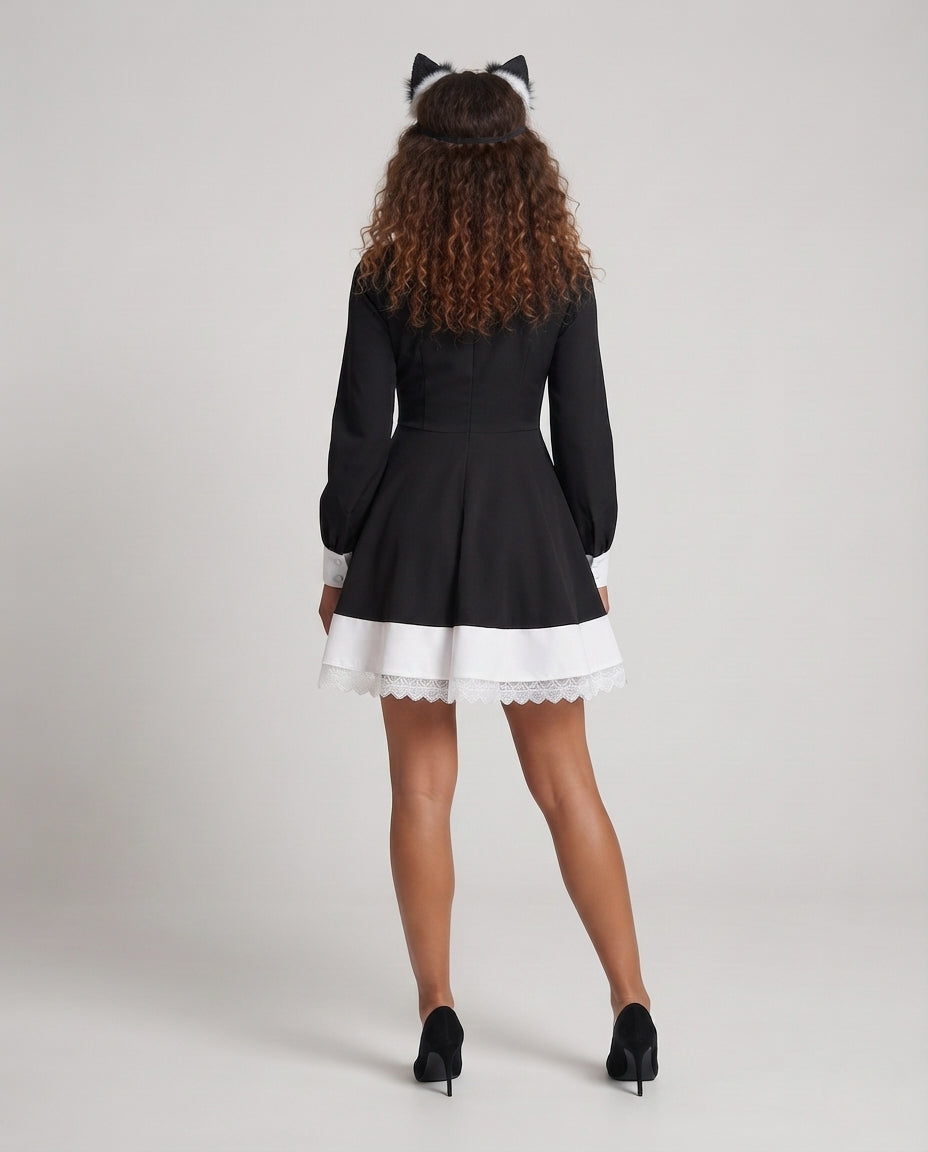 Damen Spitzen-Kleid mit Rüschen und Kreuzdetails Drune