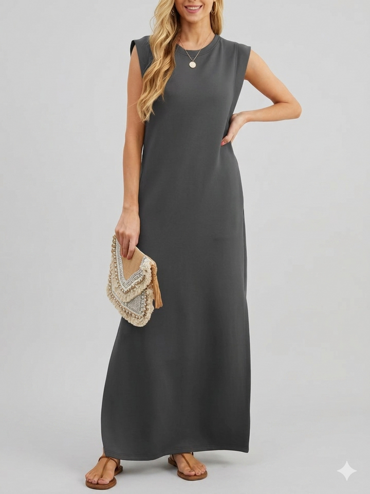Damen lässiges Midi-Kleid mit tiefem Ausschnitt und praktischen Taschen Drune