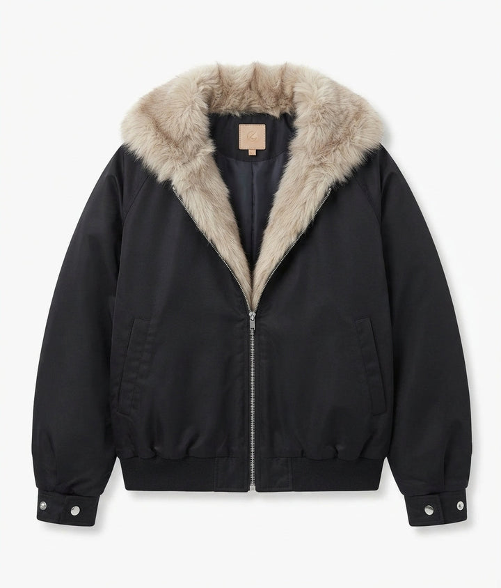 Damen kurze Fake-Fur-Bomberjacke mit kontrastierenden Bündchen