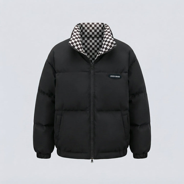 Damen kurze thermische Pufferjacke mit kariertem Wendefutter und hohem Stehkragen