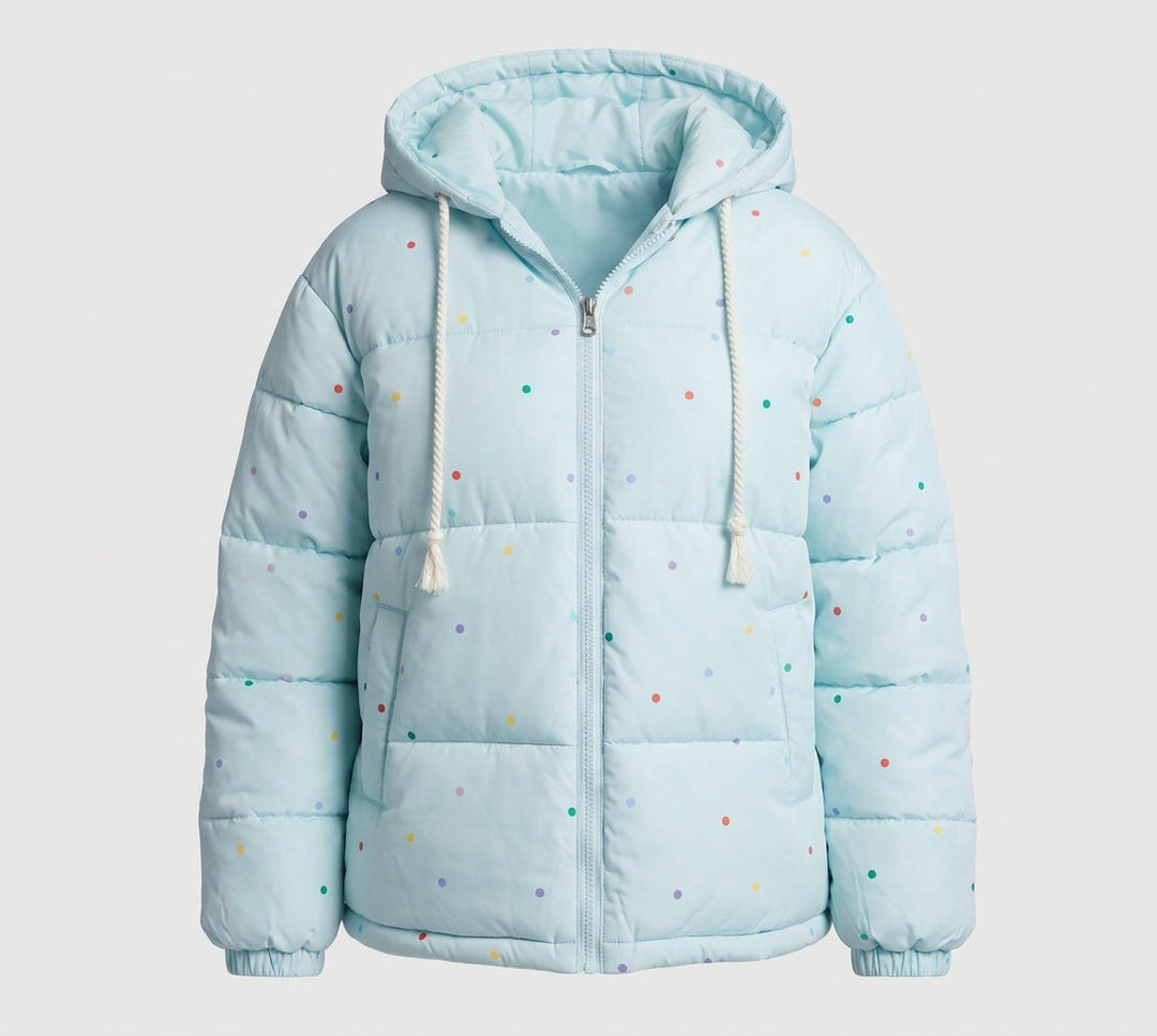 Damen nicht gesteppte oversized Pufferjacke mit bunten Punkt-Applikationen und Kapuze