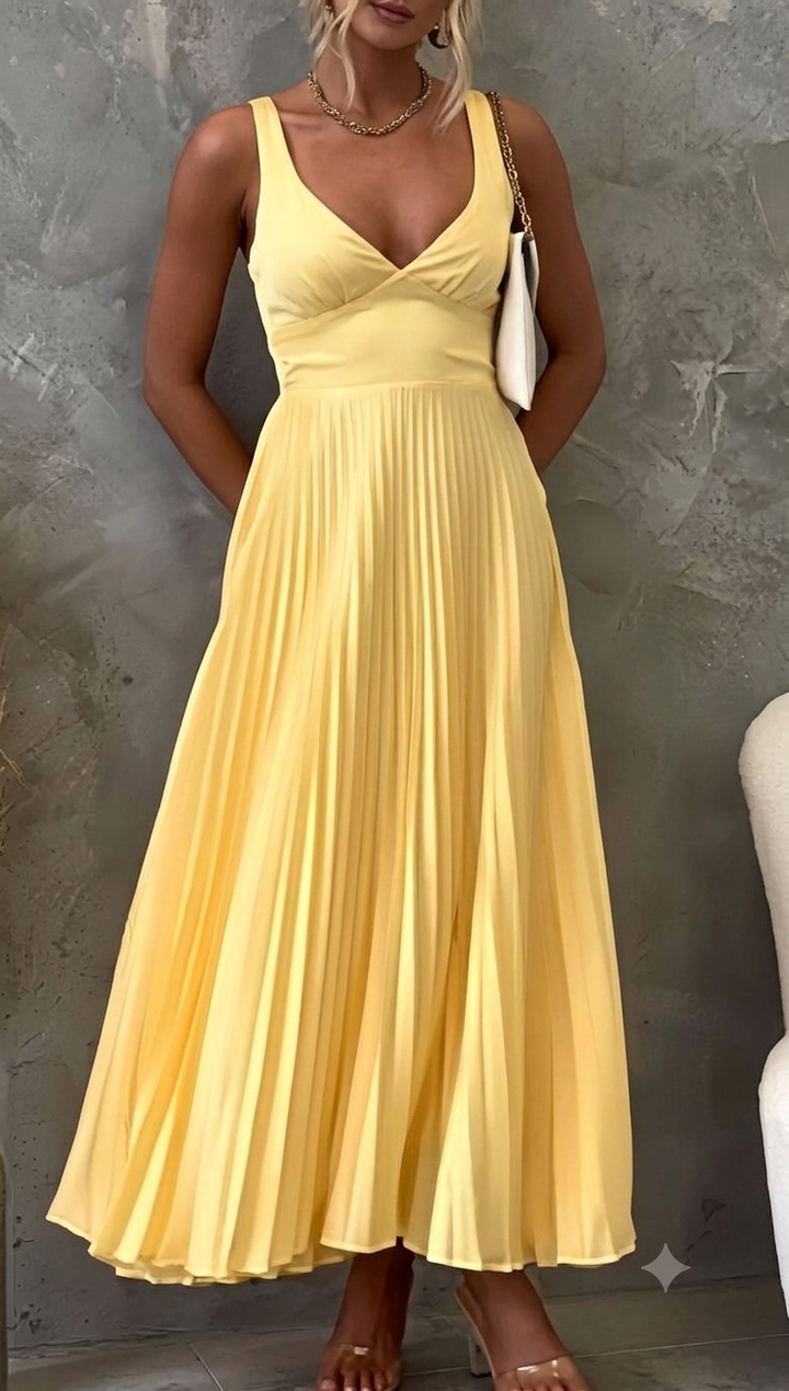 Damen Plissiertes Maxikleid mit V-Ausschnitt und schwingendem Rock Drune