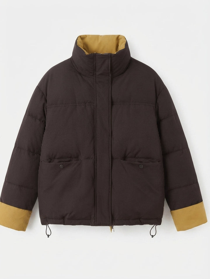 Damen kurze gepolsterte boxy Jacke mit Stehkragen und verdeckter Knopfleiste