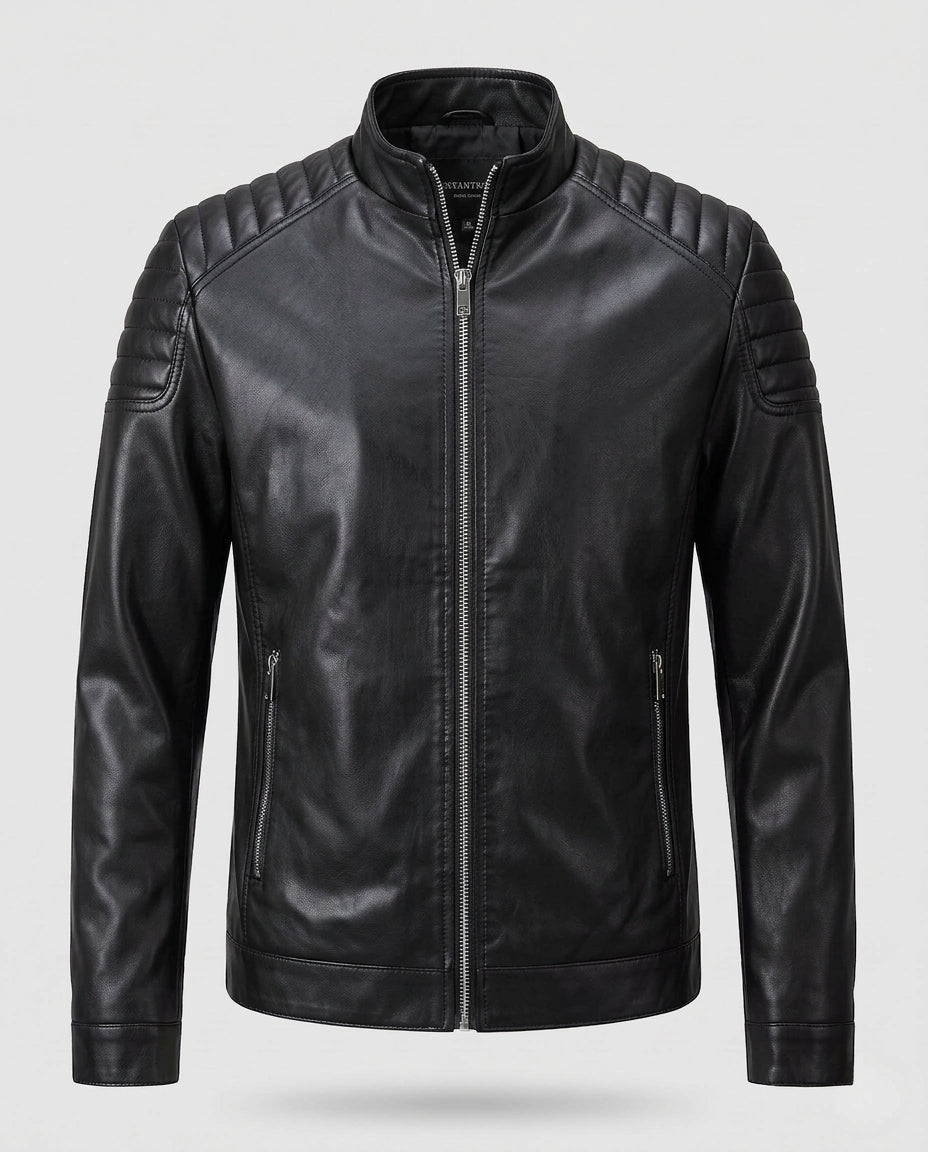 Herren Fitted Lederlook Motorradjacke mit vertikalem Reißverschluss und gepolsterten Schulterpaneelen drune