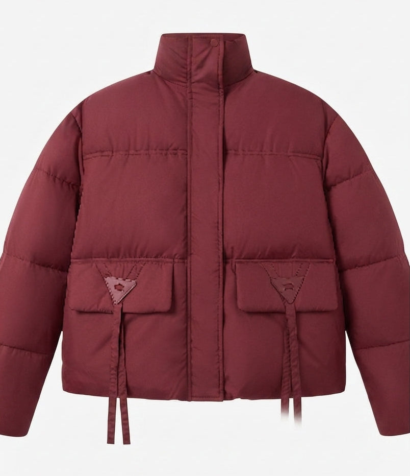 Damen kurz vegane boxy Pufferjacke mit asymmetrischen Klappenpatzentaschen und hohem Kragen