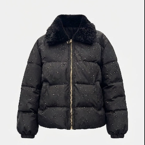 Damen nicht gepolsterte Pufferjacke mit Glitzereffekt und gemütlichem Kunstfellkragen