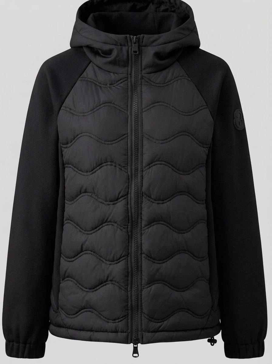 Damen gesteppte Hybrid-Hoodie-Jacke mit Fleece-Ärmeln, elastischen Bündchen und Wellensteppung