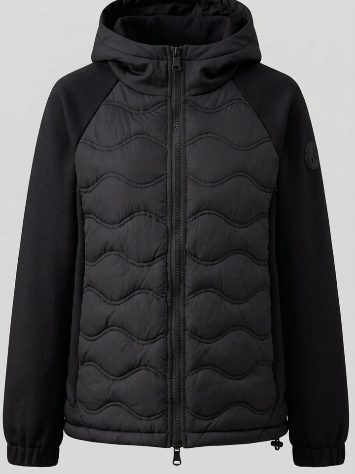 Damen gesteppte Hybrid-Hoodie-Jacke mit Fleece-Ärmeln, elastischen Bündchen und Wellensteppung