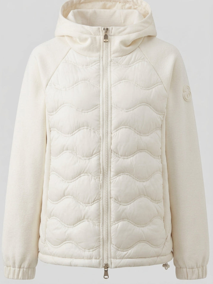 Damen gesteppte Hybrid-Hoodie-Jacke mit Fleece-Ärmeln, elastischen Bündchen und Wellensteppung