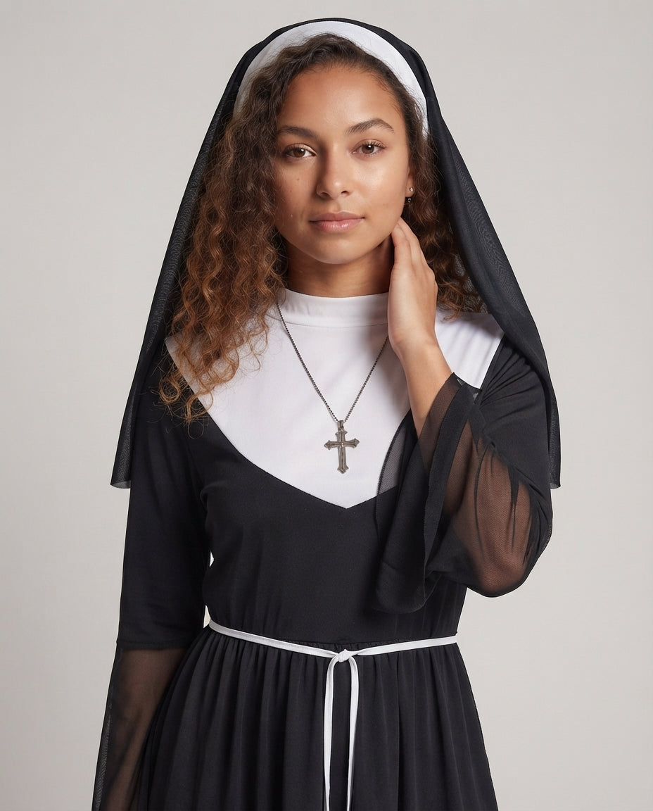 Damen Nonnenkostüm mit transparenten Ärmel-Puffdetail Drune