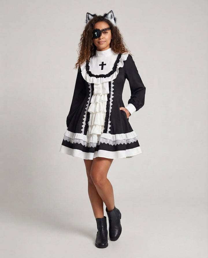 Damen Spitzen-Kleid mit Rüschen und Kreuzdetails Drune