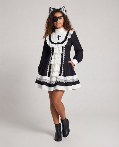 Damen Spitzen-Kleid mit Rüschen und Kreuzdetails Drune