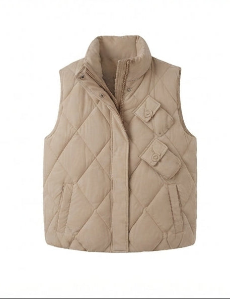 Damen gesteppte Thermoweste mit hohem Kragen, dekorativen Klappen Taschen und verstellbarem Saum