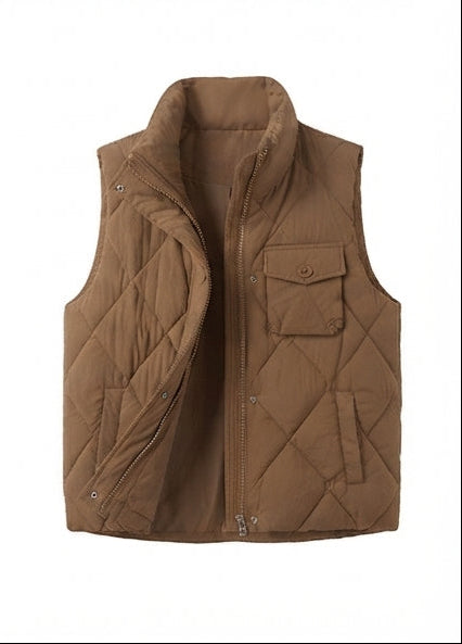 Damen gesteppte Thermoweste mit hohem Kragen, dekorativen Klappen Taschen und verstellbarem Saum