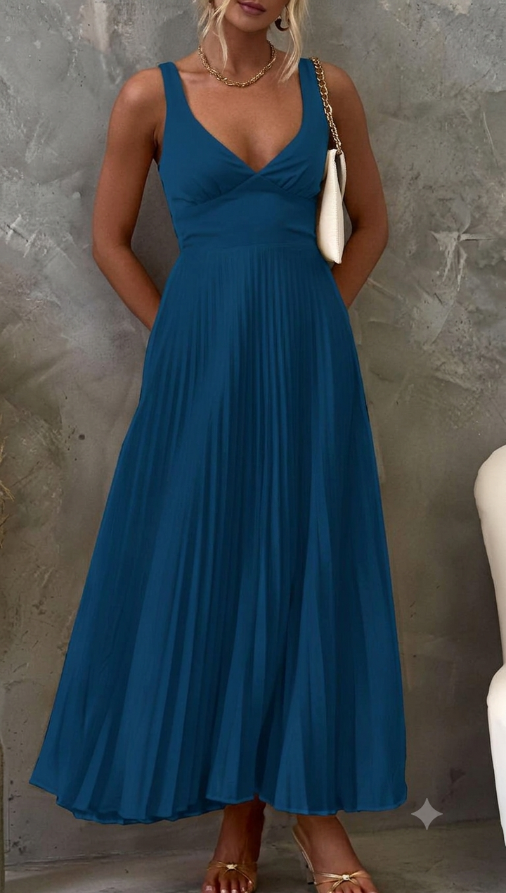 Damen Plissiertes Maxikleid mit V-Ausschnitt und schwingendem Rock Drune