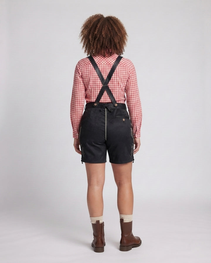 Damen traditionelle Trachten-Shorts mit verstellbaren Hosenträgern und detaillierter Stickerei Drune